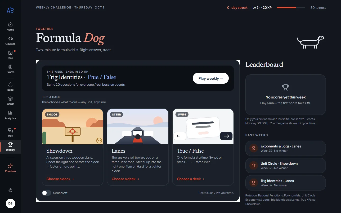 The Weekly page: this week’s Formula Dog deck, the three games — Showdown, Lanes, True / False — and the leaderboard